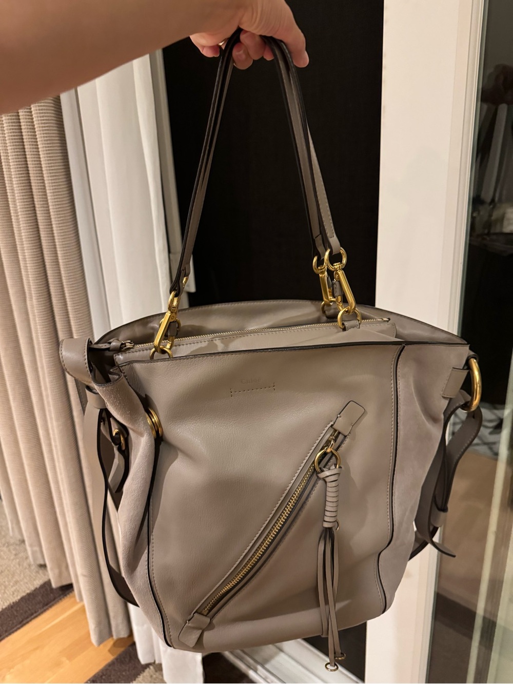 Chloe Designer “Myer” Bag, Taupe Gray Leather/Suede Bag Gold Hardware, EUC